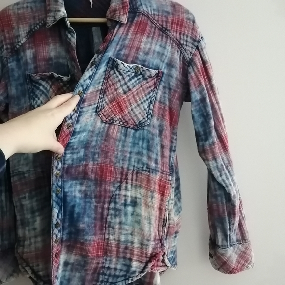 Free People Double Dip Dye Plaid Button Up Gauzy Cotton XS - Picture 6 of 16